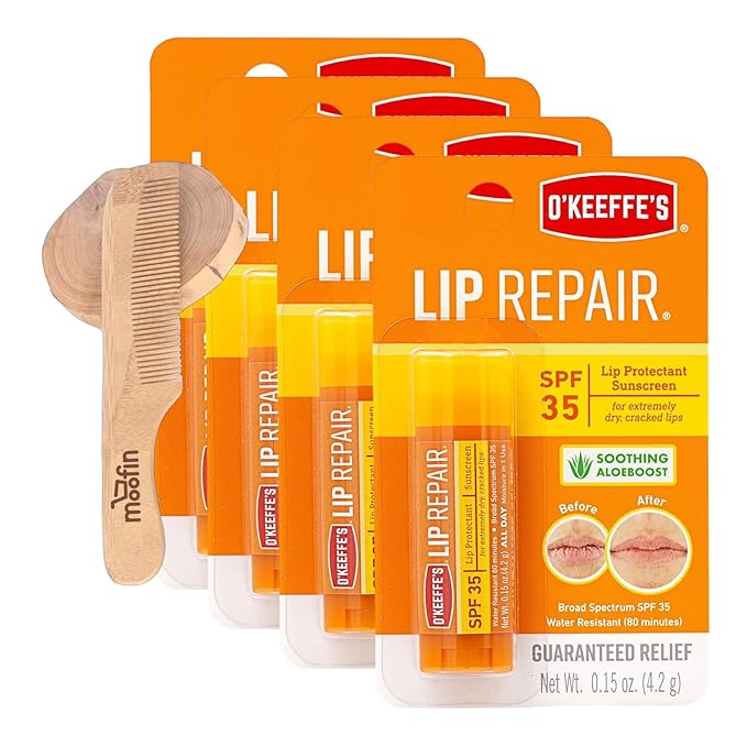 O'Keeffe'S Lip Repair Lip Repair with SPF35, 015 oz - Ultimate SPF Lip Balm for All-Day Moisture, with Moofin Wooden Comb - for Dry Cracked Lips, Lip Balm Hydrating Quick Absorption for Smooth Lips,