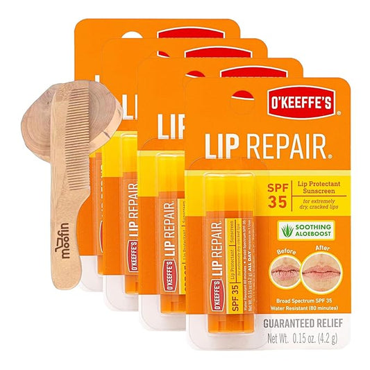 O'Keeffe'S Lip Repair Lip Repair with SPF35, 015 oz - Ultimate SPF Lip Balm for All-Day Moisture, with Moofin Wooden Comb - for Dry Cracked Lips, Lip Balm Hydrating Quick Absorption for Smooth Lips,
