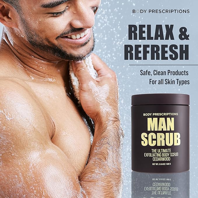 Body Prescriptions Men’s Exfoliating Body Scrub – Ultimate Skin Cleansing Wash in Jar with Twist-Top Lid, For All Skin Types, 21 Ounce (Pack of 4), Cedarwood