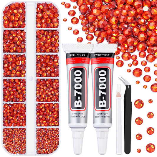 6100Pcs Resin Rhinestones for Crafting with 2Pcs 10ml B7000 Jewelry Glue, 1 Box Flatback Crystals Diamond (Red Zircon) for Bedazzling Crafts DIY Nail Art，Non Hotfix Gems for Clothing Shoes Tumblers