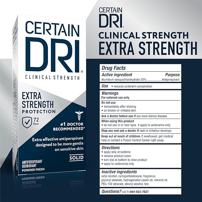 Certain Dri Extra-Strength Clinical Antiperspirant Solid - Maximum Sweat & Odor Protection for Men & Women - 72-Hr Hyperhidrosis Treatment w/ 12% Aluminum Chloride - Powder Fresh Scent - 1.7 oz - 3-Pk