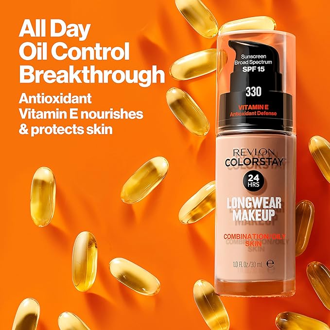 Revlon Liquid Foundation, ColorStay Face Makeup for Combination & Oily Skin, SPF 15, Medium-Full Coverage with Matte Finish, Rich Ginger (380), 1.0 oz