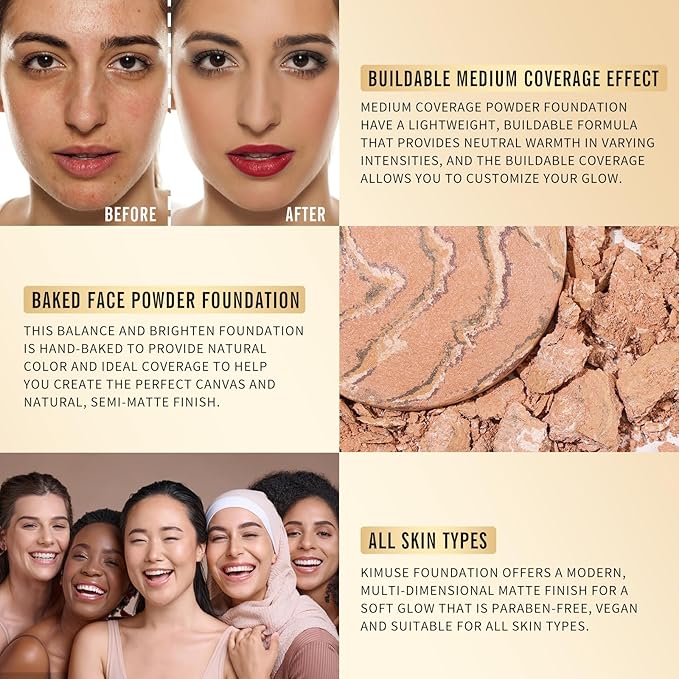 KIMUSE Lighting Glow Baked Foundation, Brighten Color, Color Corrector, Buildable Coverage, Lightweight Powder Foundation, Radiant Natural Finish