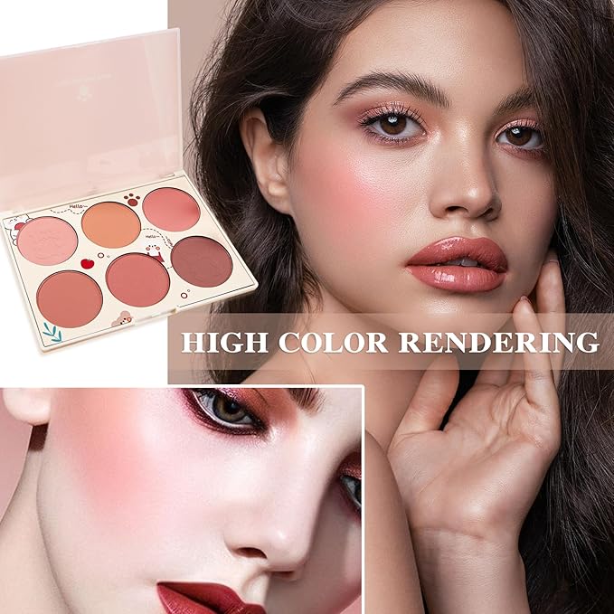 6 Colors Blush Palette,Matte Contour Makeup Blush for Cheeks,Waterproofing Highly Pigmented Face Cheek Blusher with Make Up Brush A3