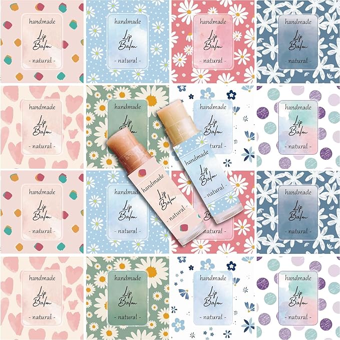CRASPIRE 80Pcs 8 Styles Lip Balm Sticker Flower Background Self-Adhesive Homemade Lip Balm Labels Vintage Square DIY Heart Label Stickers for Lip Balm Containers Cosmetics Lipsticks