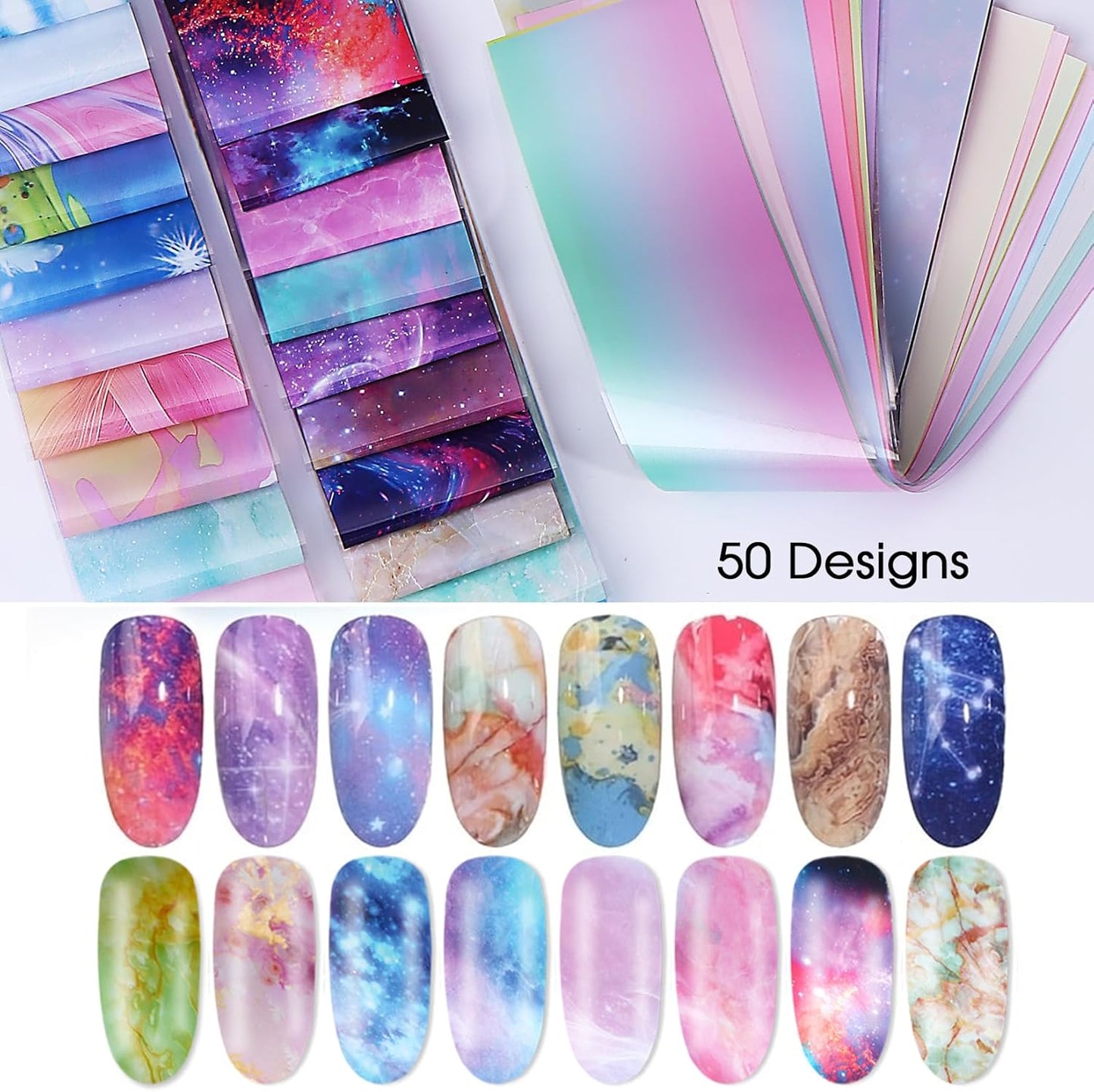 Nail Foils Transfer Nail Art 50PCS Holographic Starry Sky Stickers Marble Decals Nail Supplies Colorful Gradient Pink Blue Nail Art Foil Transfer Sheets Paper for Women DIY Designs Manicure Accessory