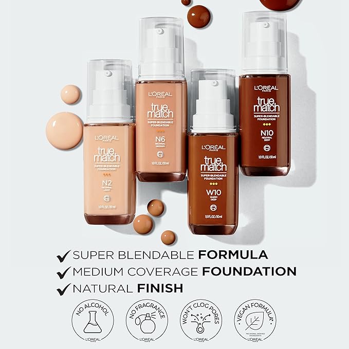 L'Oreal Paris True Match Super-Blendable Foundation, Medium Coverage Liquid Foundation Makeup, W3, Light Medium, 1 Fl Oz