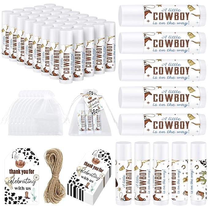Demissle 50 Pcs Baby Shower Lip Balm Gift Set with 100 Pcs Organza Bags Baby Shower Party Favor for Guest Thank You Tag Rope Baby Shower Party Decoration Gender Reveal Souvenirs (Cowboy)
