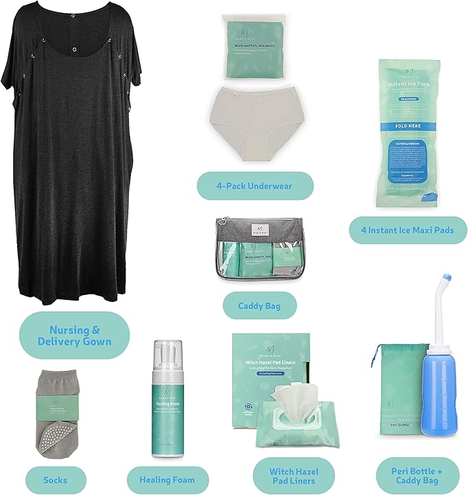 Postpartum Care Kit for Mom (14-Piece) - Includes Labor and Delivery Gown, Peri Bottle, Witch Hazel Foam, Pad Liners & More! with Hospital Essentials for Women After Birth