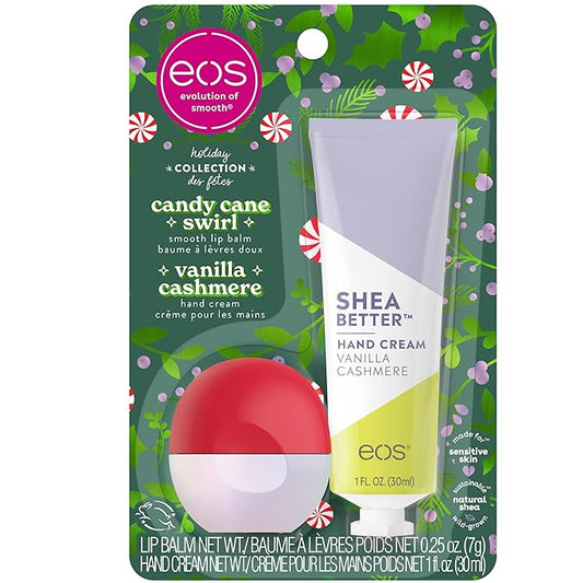 EOS Limited Edition Holiday Collection- Candy Cane Swirl Lip Balm & Vanilla Cashmere Hand Cream, 24-Hour Hydration, 2-Pack, Clear