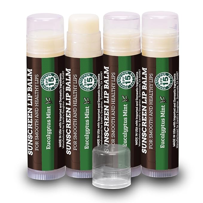 SPF Lip Balm 4-Pack by Earth's Daughter - Lip Sunscreen, SPF 15, Organic Ingredients, Eucalyptus Mint Flavor, Beeswax, Coconut Oil, Vitamin E - Hypoallergenic, Paraben Free, Gluten Free