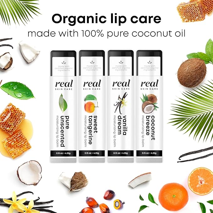 Organic Lip Balm With Coconut Oil | Handmade In the USA | Sweet Tangerine 4-Pack | Natural Lip Balm | Coconut Oil Lip Balm for Dry & Cracked Lips | Beeswax Lip Balm | 4 Lip Balm Pack