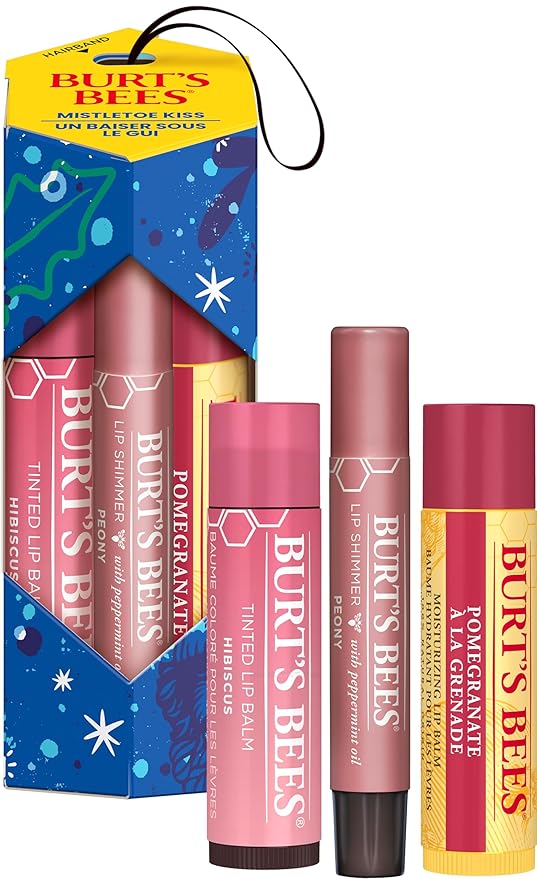 Burt's Bees Mistletoe Kiss Pink, Pomegrante, Peony, Hibiscus Lip Balm and Shimmer Holiday Collection Gift Set of 3-1 Count