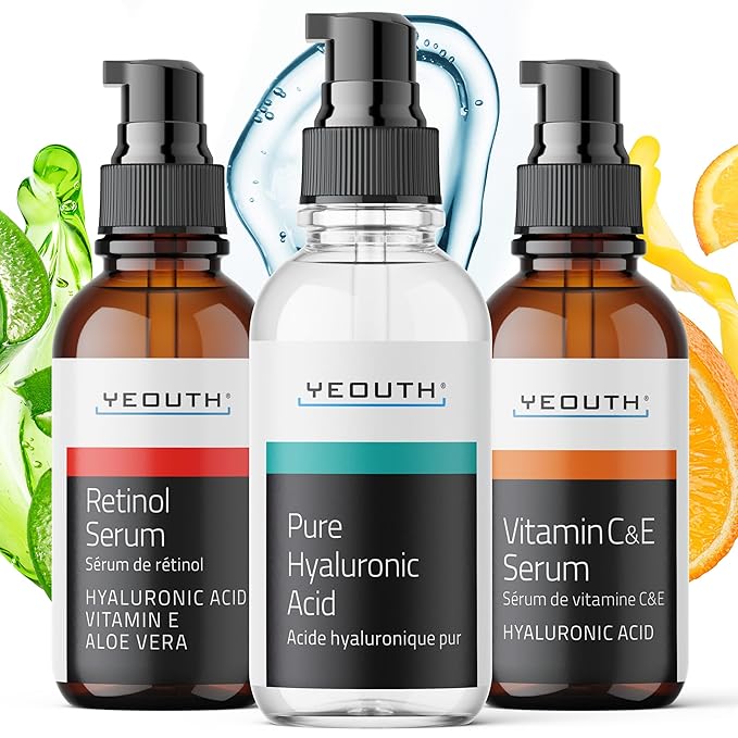 YEOUTH Skin Care Set: Retinol Serum for Face, Vitamin C and Hyaluronic Acid Serum, Face Care Kit that Targets Appearance of Uneven Uneven Skin and Dryness 3x1 oz
