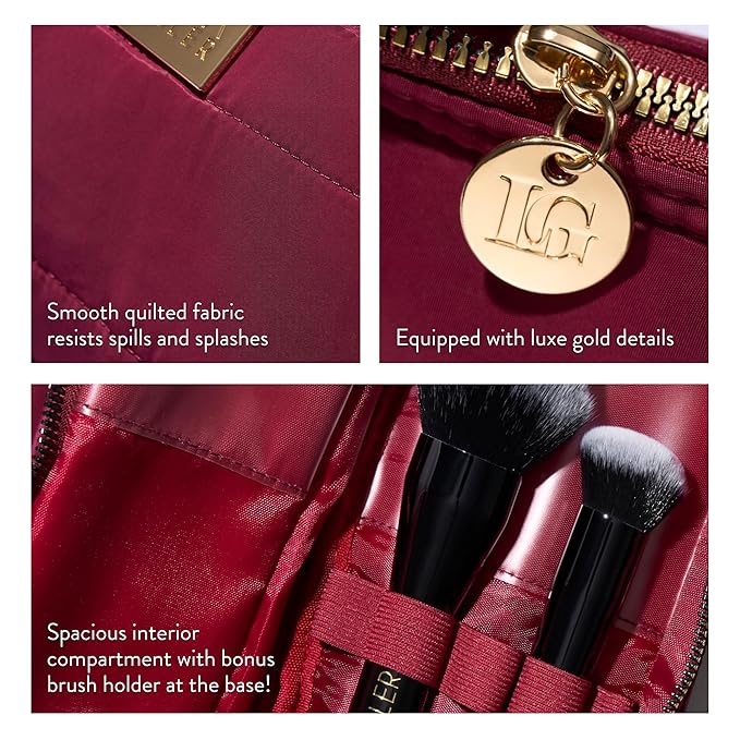 LAURA GELLER NEW YORK Quilted Makeup Bag with Brush Case, Burgundy - Toiletry Bag Organizer for Travel - Large Capacity Full Size Makeup Bag - Easy to Clean