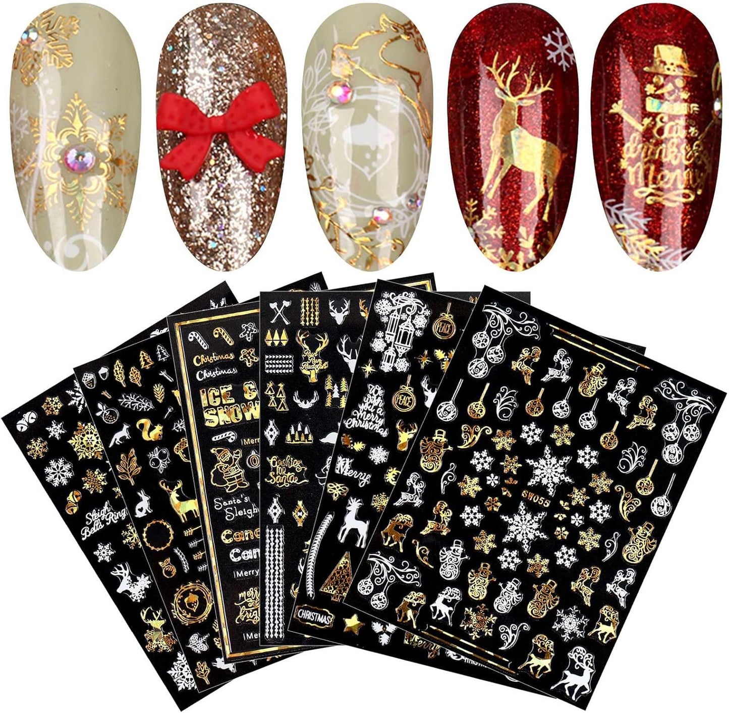 9 Sheets Christmas Nail Art Stickers Decals Self-Adhesive Pegatinas Uñas Gold White Nail Supplies Nail Art Design Decoration Accessories
