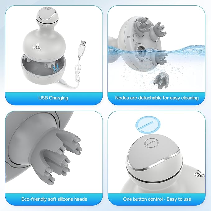 COMFIER Electric Scalp Head Massager with 4 Soft Silicone Massage Heads, Portable Hair Massager for Hair Growth, Relieve Stress, Head Scratcher for Deep Relaxation, Dog Cat Massager, Gray