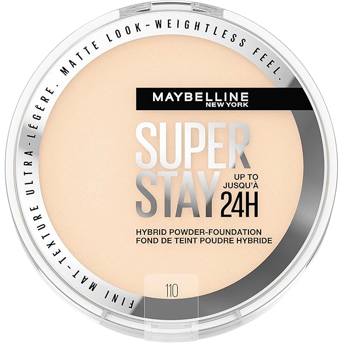 Maybelline Super Stay Up to 24HR Hybrid Powder-Foundation, Medium-to-Full Coverage Makeup, Matte Finish, 110, 1 Count