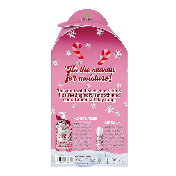 Hempz Holiday Gift Set, Candy Cane Lane Moisturizer (17 Oz) & Lip Balm (.44 Oz) – Holiday Moisturizing Lip Balm & Hydrating Lotion Skin Care Gift Set for Women & Men for Combatting Dry Lips & Skin