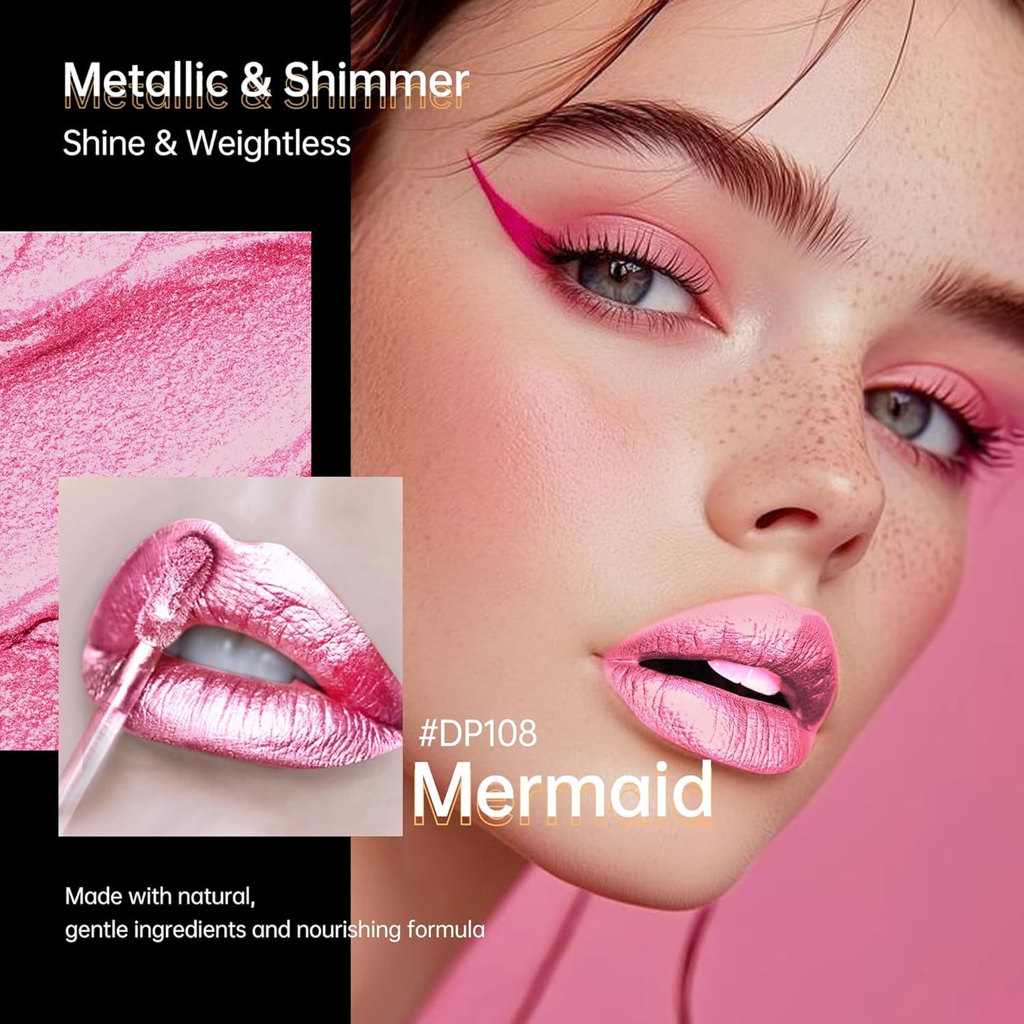 Pink Lipsticks for Women Metallic Lipstick Long Lasting Non Stick Cup Lip Gloss, Shimmer Lightweight Hydrating Full Coverage Lip Color, DP108 Mermaid