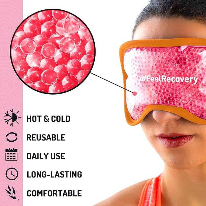 Cooling Gel Eye Mask for Puffy Eyes (8x4 in) - Reusable Cold Compress Pack for Dry Eyes, Tired Eyes, Headaches, Dark Circles - Flexible Golden Gel Beads Hot & Cold Therapy