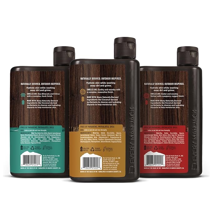 Every Man Jack Men's Body Wash Variety Pack - Includes 3 Body Washes with Natural Ingredients & Incredible Scents - Amber + Sandalwood, Cedar + Red Sage, Sea Minerals + Citron Fragrances