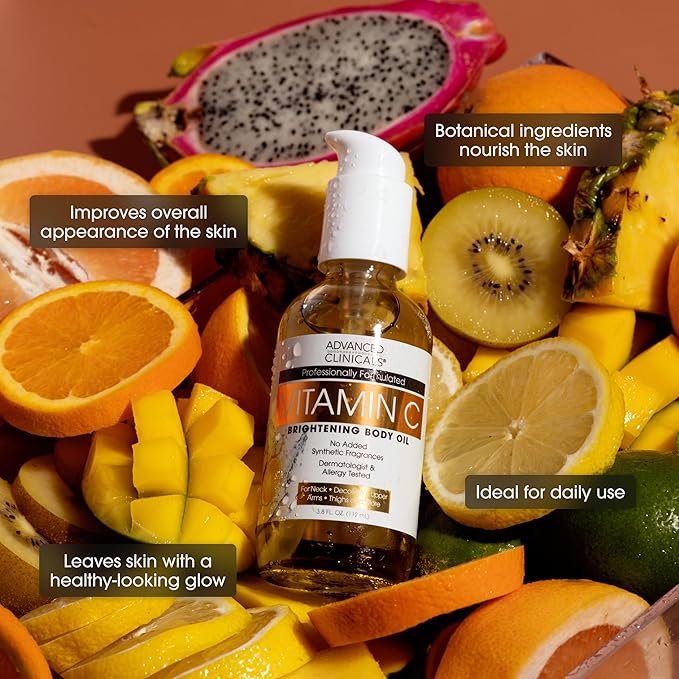 Advanced Clinicals Brightening Vitamin C Cream Moisturizer + Vitamin C Body Oil 2pc Skincare Set | Nourishing, Brightening, & Hydrating Body Oil & Body Lotion To Improve Appearance Of Dark Spots, 2pc