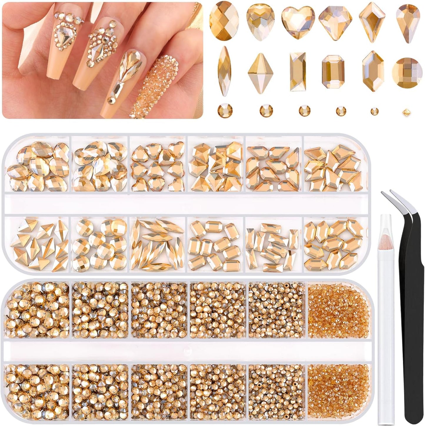 2680Pcs Champagne Gold Glass Nail Rhinestones 120Pcs Multi Shapes Flatback Nail Gems +2560Pcs 1.5-4mm Round Crystal, Manicure Nail Charms Diamond Gemstones for Acrylic Nails Decoration