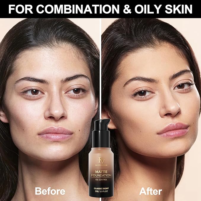 FV Full Coverage Liquid Foundation, Lightweight & Concealing, Long Lasting Matte Foundation Makeup with Flawless Finish, Oil Control Waterproof Foundation for Oily Skin (Classic Ivory Matte)