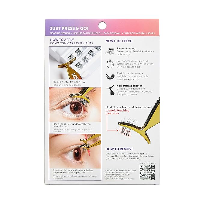 KISS imPRESS Falsies Self Adhesive Eyelashes, Press On Lashes, 12mm-14mm Glam Volume Lashes, Black, No Glue Needed, Invisible Band, 36 Lash Clusters & Non-Stick Applicator - Voluminous
