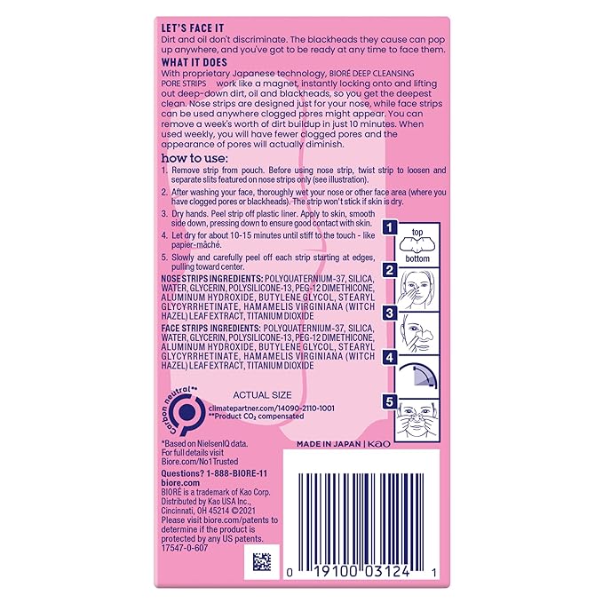 Bioré Nose+Face Blackhead Remover Strips, Deep Cleansing Strips for Nose, Chin, or Forehead, Instant Blackhead Removal and Pore Unclogging, Oil-free, Non-Comedogenic Use, 14 Count