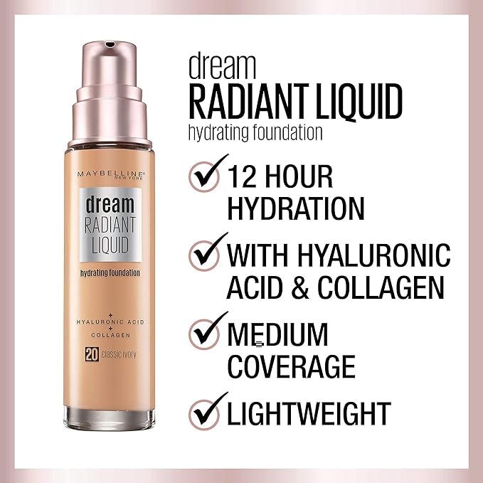 Maybelline Dream Radiant Liquid Medium Coverage Hydrating Makeup, Lightweight Liquid Foundation, Porcelain Ivory, 1 Count