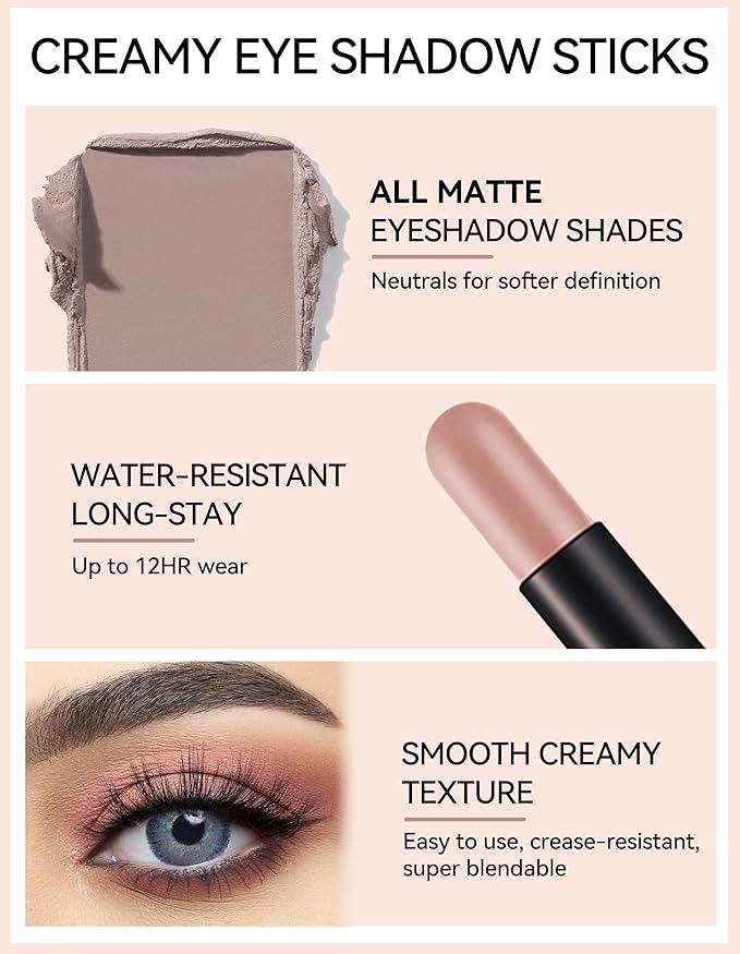 Erinde Waterproof Cream Eyeshadow Stick, Matte Nude Eye Shadow Sticks, Longwear Blendable High Pigmented, Neutral Eye Shadow Sticks Matte for Older Eyes, Smokey Eyeshadow Pencil Crayon, 19 Light Taupe