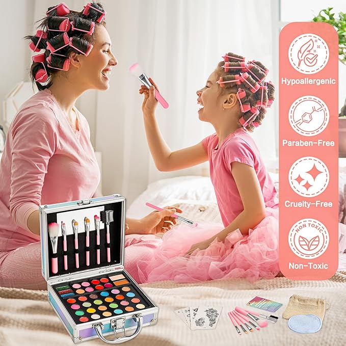 Anpro All-In-One Makeup Carry Case with Pro Teen Makeup Set, Full Starter Cosmetics Kit with Makeup Brushes, Eye Shadows Palette, Blushes, Glitter Gel, Temporary Tattoo Stickers - Blue