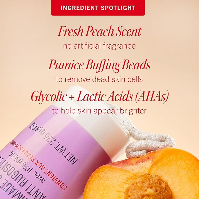 First Aid Beauty - KP Bump Eraser Body Scrub with 10% AHA, Keratosis Pilaris Exfoliator with Glycolic and Lactic acids, Helps Reduce Chicken Skin Bumps, Safe for Sensitive Skin, Peach Scent (8 oz)