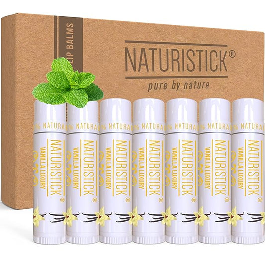 Naturistick Premium Beeswax Lip Balm for Dry, Chapped Lips | 100% Natural Lip Care | Coconut Oil, Shea Butter, Aloe Vera | Moisturizing, Chemical-Free Chapstick | 7 Pack Vanilla Scent | Made in USA
