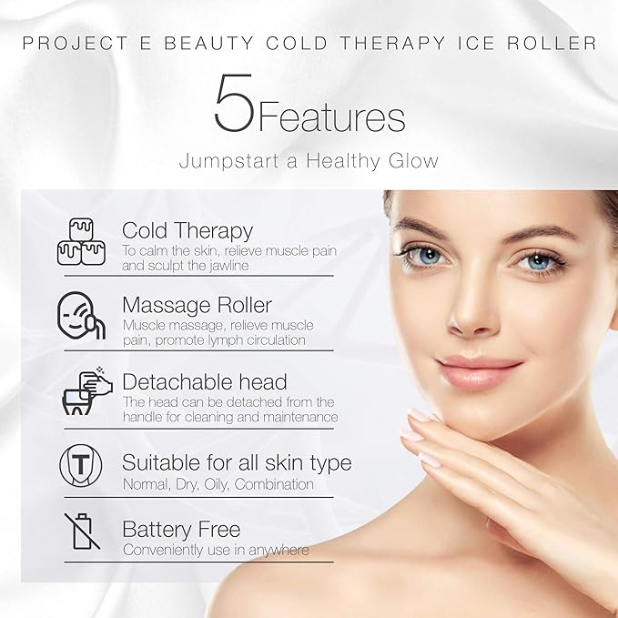 Ice Roller Cold Therapy by Project E Beauty | Reduce Under Eye Puffiness & Dark Circles | Tightens & Firms Skin | Diminish Wrinkles | Pain Relief | Muscle Soreness | Redness (Face & Body Roller)