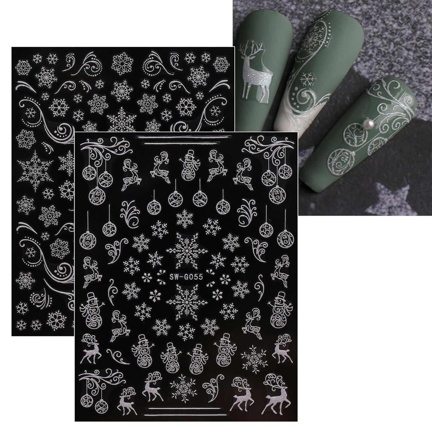 JMEOWIO 9 Sheets Christmas Glitter Nail Art Stickers Decals Self-Adhesive Snowflake Winter Holiday White Nail Supplies Nail Art Design Decoration Accessories