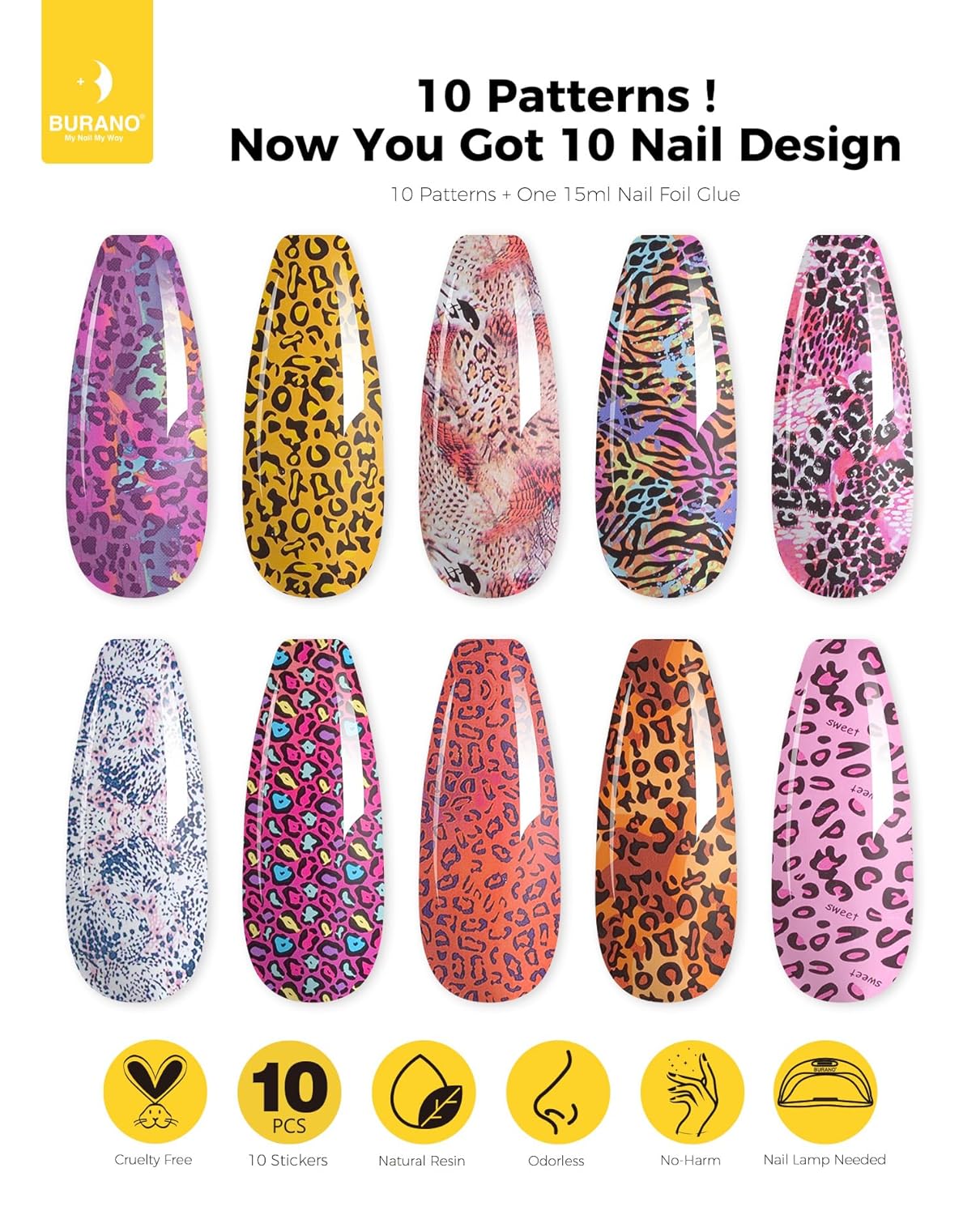 BURANO Nail Art Nail Foil Glue Gel, o.5 oz with 10PCS Foil Stickers Set Nail Foil Glue for Nails Foil Transfer Gel, Nail Design DIY UV LED Lamp Required (Animal Foil 07)
