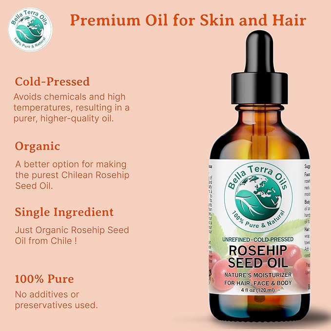 Bella Terra Oils - Organic Rosehip Seed Oil 2 oz - Cold-Pressed Elixir, Rich in Vitamin A, C, & E, Linoleic & Alpha-Linolenic Acid, Perfect Facial Emollient