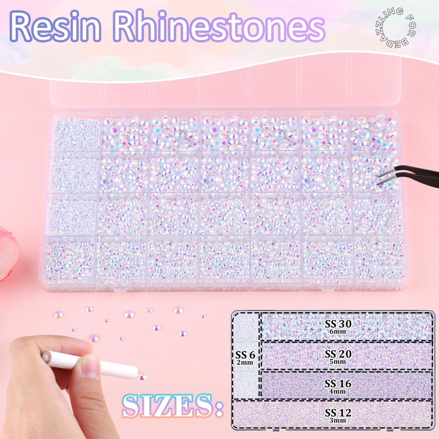 30000Pcs Resin Rhinestones for Bedazzling with 3Pcs B7000 Jewelry Glue, White AB Flatback Gems Rhinestones for Crafting, Clothing Tumblers Mugs Shoes Fabric Decor Nail Art