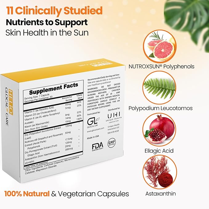 GlocalCare Helio – Antioxidant-Rich Sun Defense & Skin Rejuvenation Supplement with Polypodium, Nutroxsun, Astaxanthin & Pomegranate Extract - Fights Photoaging & Oxidative Stress - (30 Capsules)