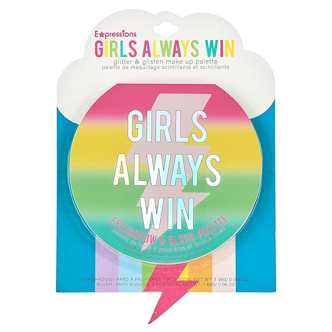 Expressions Girls Always Win Glisten & Glitter Makeup Palette 10 Color Eyeshadow Palette & Blush Makeup Novelty Beauty Set, Fold Out Compact with Mirror, Washable, Non-Toxic
