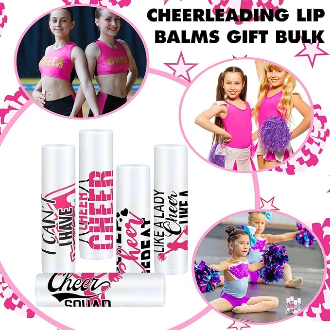 50 Sets Cheer Gifts Bulk 50 Cheer Lip Balm Bulk Moisturizing with 50 Organza Drawstring Gift Bags 50 tags Cheerleader Gifts Cheer Gifts Bulk for Team (Pink)