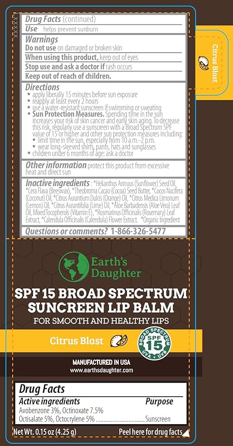 SPF Lip Balm 4-Pack by Earth's Daughter - Lip Sunscreen, SPF 15, Organic Ingredients, Citrus Flavor, Beeswax, Coconut Oil, Vitamin E - Hypoallergenic, Paraben Free, Gluten Free