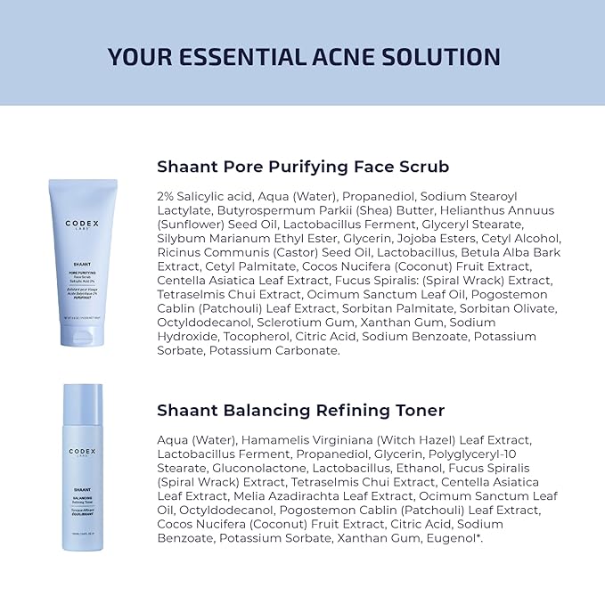 Codex Labs Shaant Deep Cleanse & Tone Kit, Pore Purifying Scrub (100g) & Refining Toner (100ml) - Oil Control & Pore Minimizer - for Acne Prone Skin - with 2% Salicylic Acid, 2% Gluconolactone (PHA)