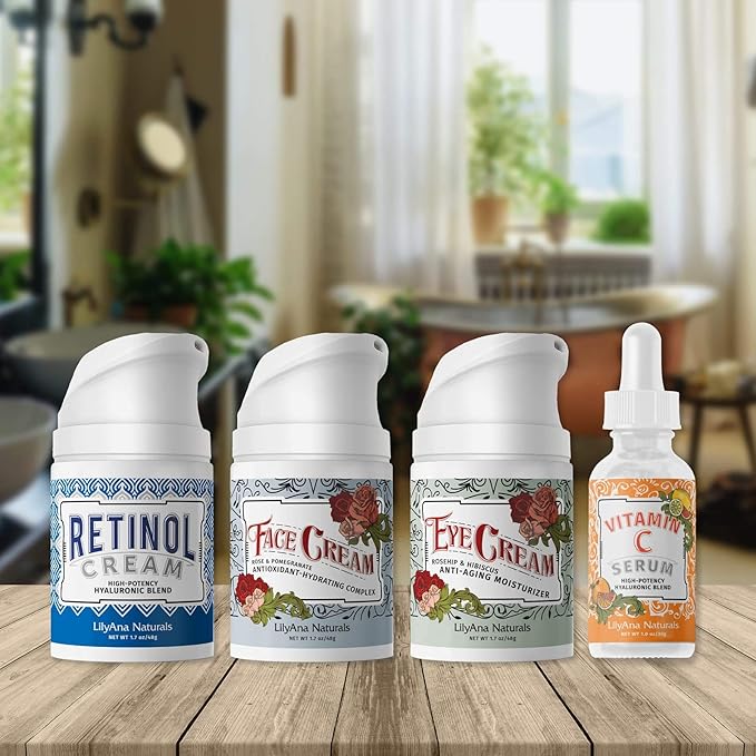 LilyAna Naturals Skincare Gift Set - Retinol Cream, Vitamin C Serum, Eye Cream and Face Cream Moisturizer - Anti Aging Skin Care Sets for Women