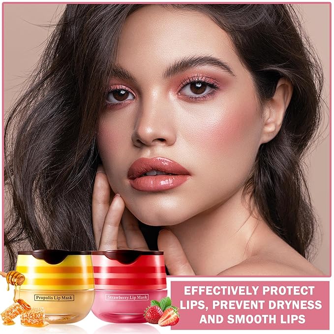 NVLEPTAP 2PCS Bee Lip Balm Honey Pot Honey & Strawberry Lip Balm Moisturizing Honey Lip Mask Lip Care Products Lip Balm with Wand