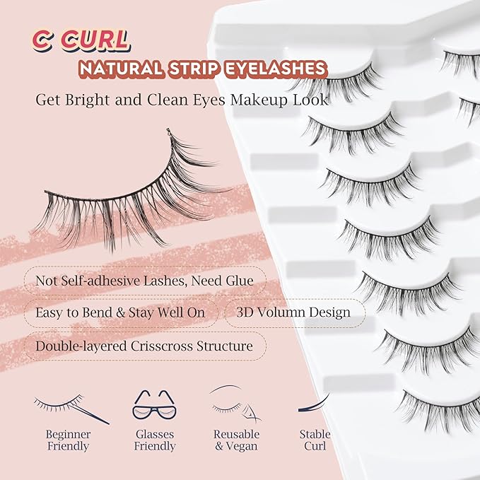 Manga Lashes Natural False Eyelashes 10MM Short Anime Lashes Thin Band Korean Lashes 3D Volume Strip Lashes Wispy Manhua Eyelashes 7 Pair Asian Lashes Siligli