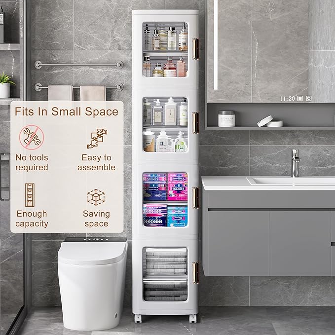VECELO 4-Tier Plastic Tall Narrow Storage Cabinet with Movable Wheels, Adjustable Shelves, Magnetic Doors, Slim Bathroom Organizers and Storage for Small Space, Bathroom, Kitchen, Laundry, White